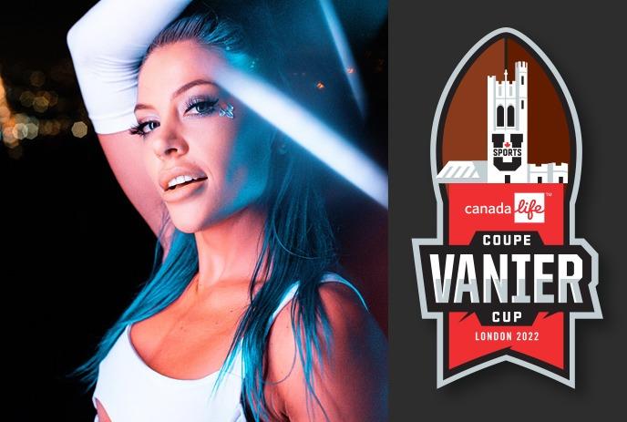 Photo of Delaney Jane next to the 2022 Canada Life Vanier Cup logo & event details
