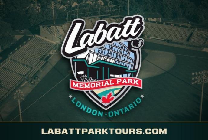 Labatt Memorial Park logo placed on a aerial view of Labatt Memorial Park baseball grounds