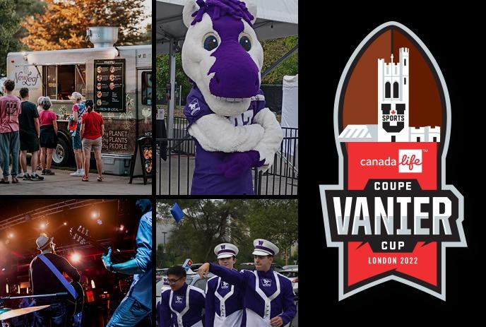 Collage photo for the 2022 Canada Life Vanier Cup Fan Fest featuring musicians, a mascot, a food truck and band members playing corn hole.