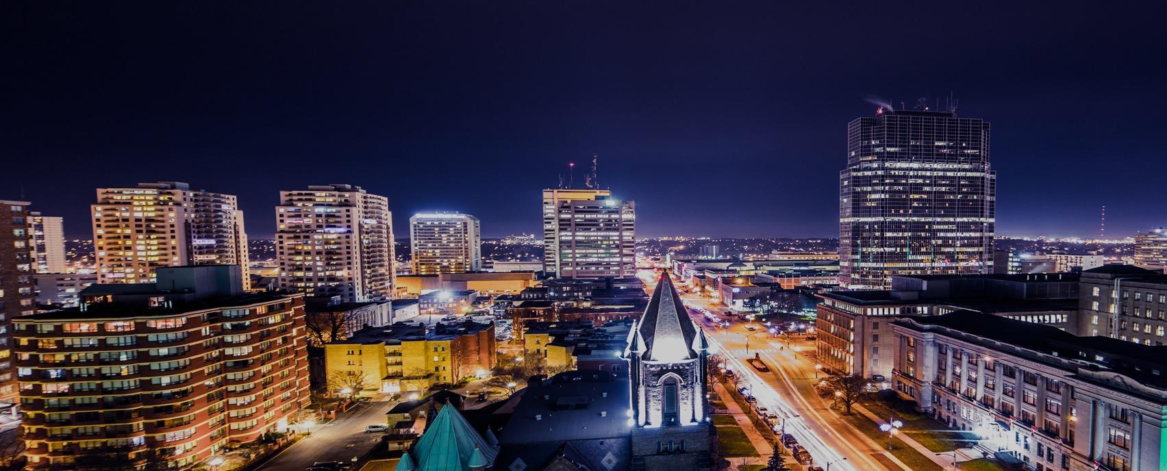 Skyline view of Wellington Rd. in downtown London, Ontario Canada