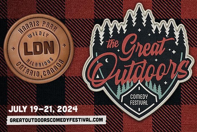 The Great Outdoors Comedy Festival logo on top of a red plaid background