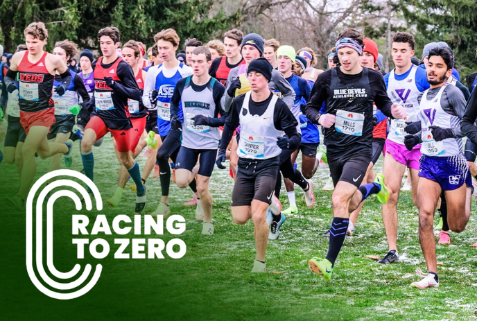 Athletes running at the 2024 Canadian Cross Country Championships with the Racing to Zero Logo in the bottom left corner