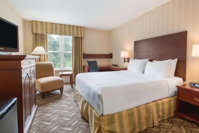 A hotel room with a neatly made bed, wooden headboard, desk, armchair, and TV on a patterned carpet.
