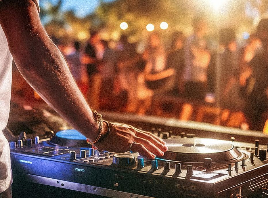 A Dj playing outdoors with a crowd in the background