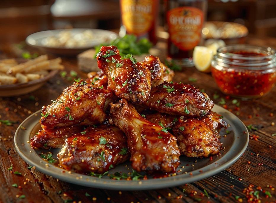 A plate of cooked chicken wings with hot sauce, presented on a wooden table with bottles of hot sauce in the background