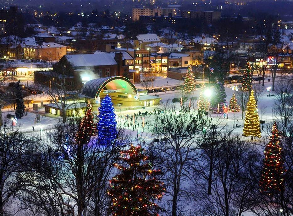 Trees all lit for the winter holidays with people skating in the middle of Victoria Park located in London, Ontario