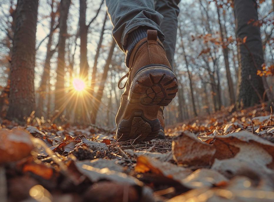 Close up of a person's foot walking on a path in the middle of a forest, the season is early Spring