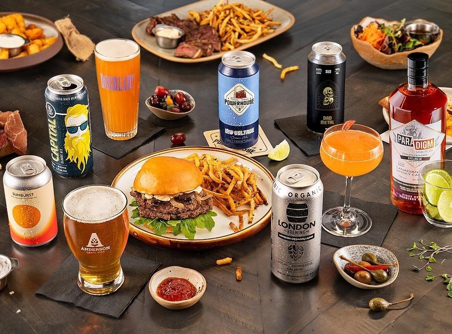 beverages and plates of food on a table