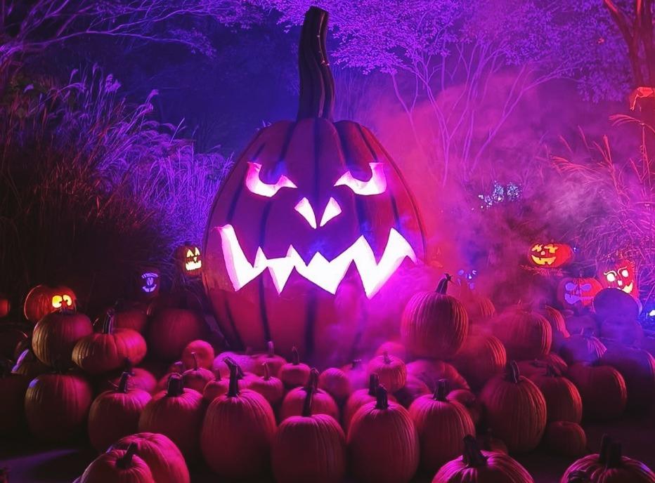 A large carved halloween pumpkin, glowing with smoke coming out of its mouth, surrounded by smaller pumpkins at night