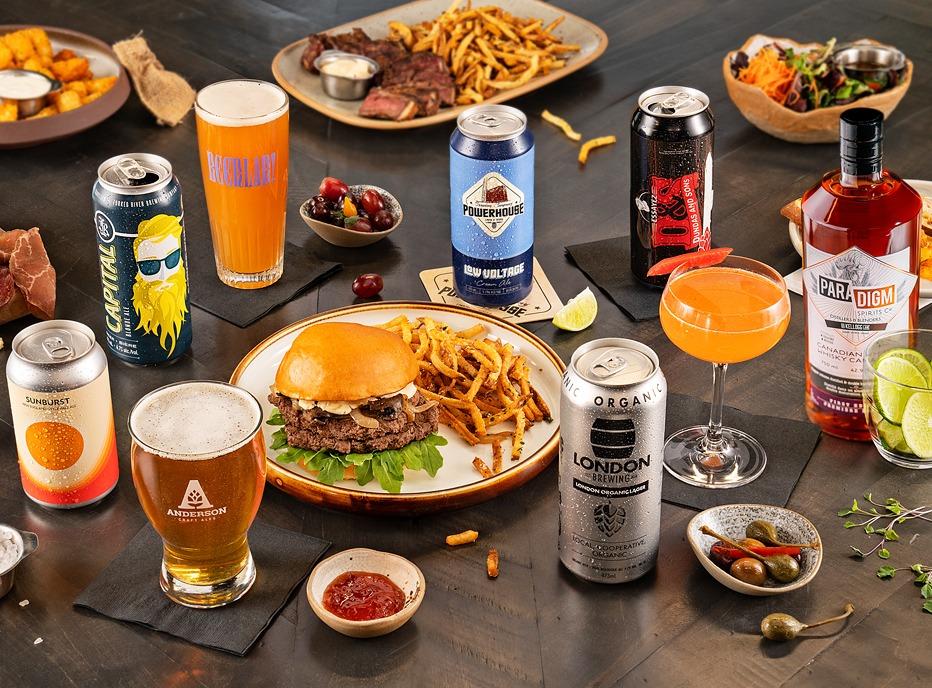 beverages and plates of food on a table