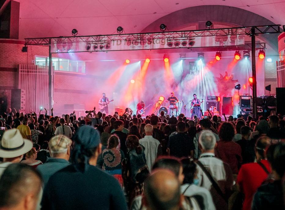 A large crowd of people listening to a band play live music at Sunfest held in Victoria Park in London, Ontario