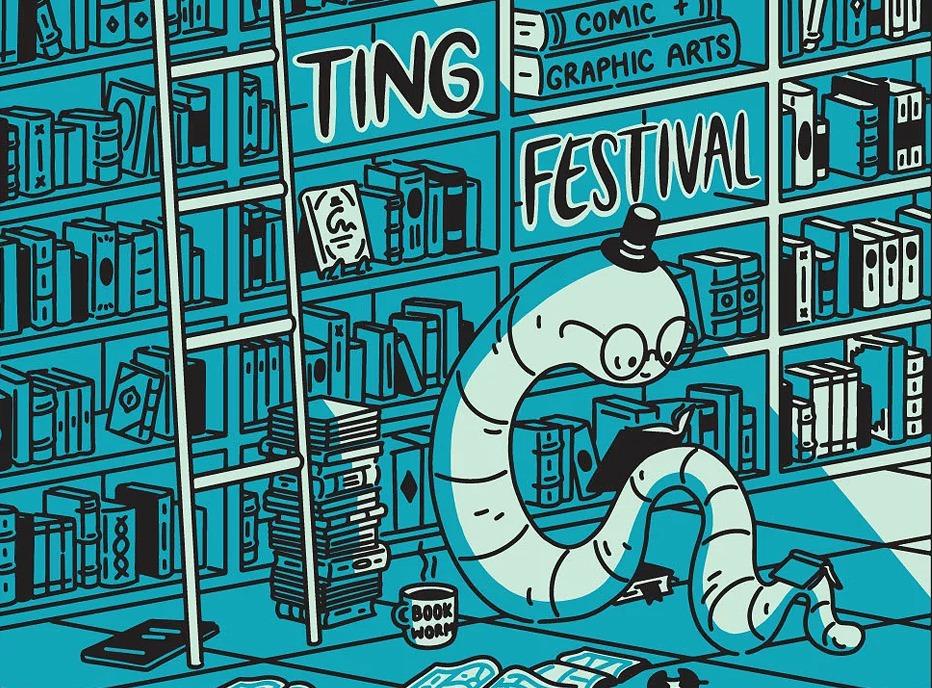 hand drawn illustration of a worm with reading glasses reading a book in a library