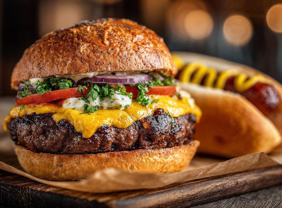 A hamburger on display on a wooden plate alongside a hot dog, background is blurred.