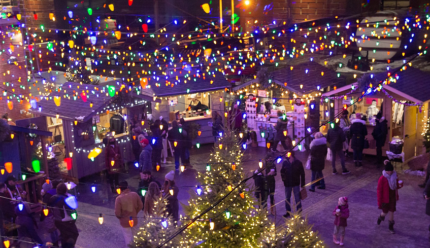 aerial view of a Christmas event held in The Courtyard at 100 Kellogg Lane