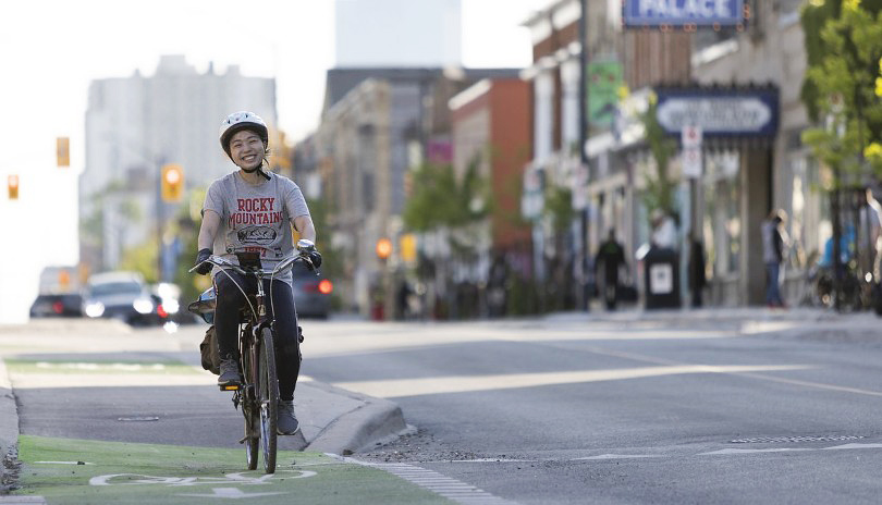 A cyclist enjoying a ride in the bike lane on Dundas Street in downtown London, Ontario