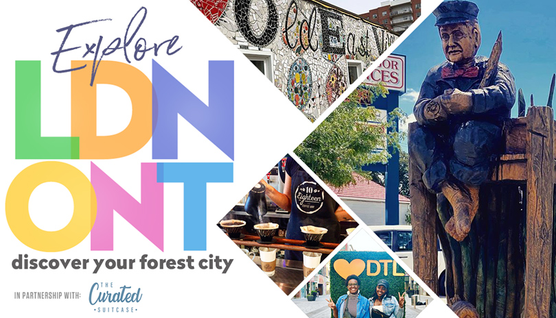 Explore LDN ONT - Discover Your Forest City image montage of a Mosaic wall mural in the Old East Village neighbourhood, tree trunk carving in Hamilton Road neighbourhood, barista during coffee at 10Eighteen Coffee Bar and two people standing infant of a ‘love DTL’ wall mural in Downtown London, Ontario.