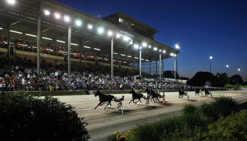 Various Horses racing down a track with a large crowd watching in the stands in the evening at The Raceway at Western Fair District located in London, Ontario