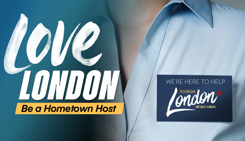 Love London: Be a Hometown Host title with a female wearing a badge that has the Tourism London logo and the words 'we're here to help' printed on it
