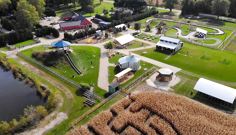 An aerial view of the farm, corn maze and gocart lanes at Kustermans Adventure Farms
