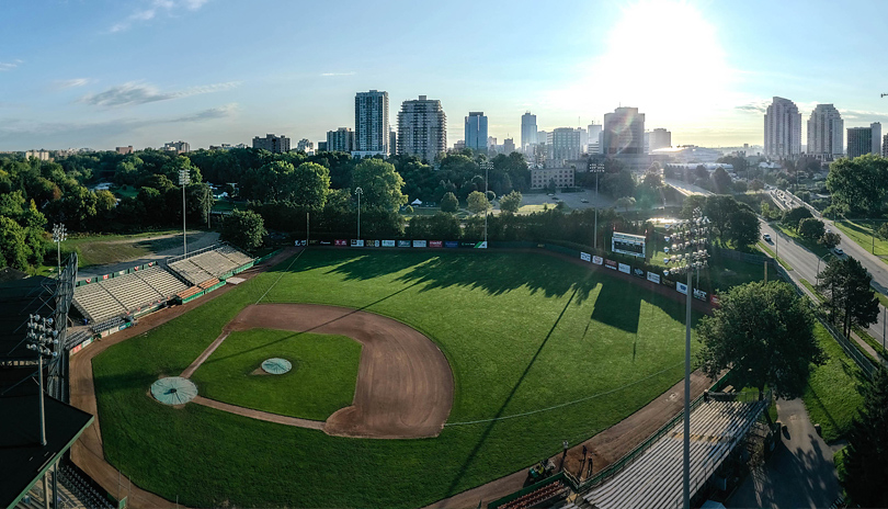 Aerial view of Labatt Park with the skyline of the city of London, Ontario in the background