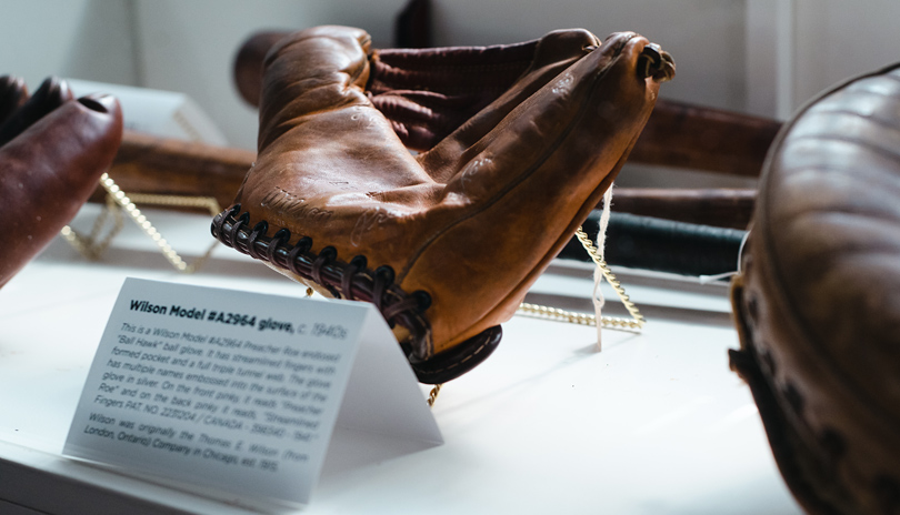 Vintage baseball gloves on display at Labatt Park, The World's Oldest Operating Baseball Grounds, located in London, Ontario, Canada