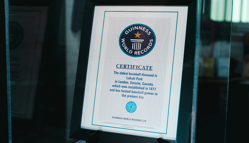 A Guinness World Record plaque on display at Labatt Park, The World's Oldest Operating Baseball Grounds, located in London, Ontario, Canada