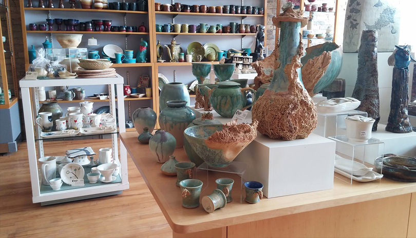 Various ceramic artworks on display in London Clay Art Centre's showroom located in London, Ontario, Canada