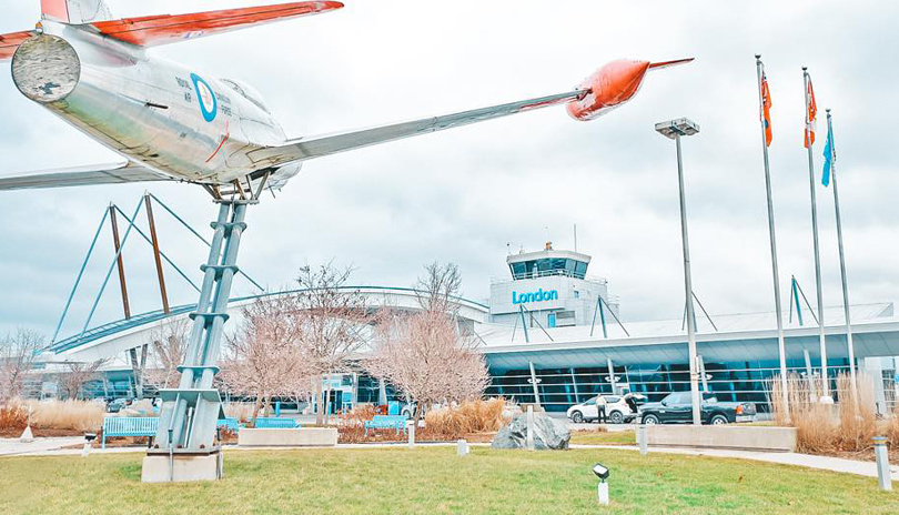 The exterior front entrance of London International Airport located in London, Ontario, Canada