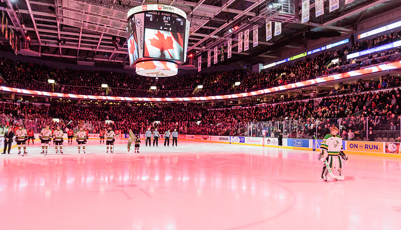 The London Knights hockey team standing for the national anthem before the start of a game with a packed crowd in attendance at the Budweiser Gardens in London, Ontario, Canada