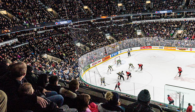 A large crowd of people watching a hockey game from the London Knights live at Budweiser Gardens located in London, Ontario