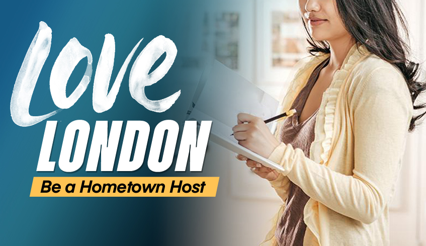 Love London: Be a Hometown Host title with a female standing and taking notes in a planner book