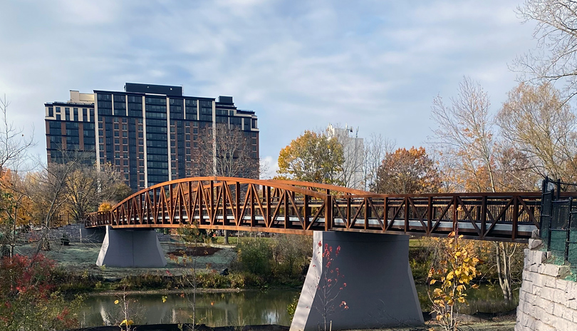 A pedestrian bridge for walking or biking only connecting the Thames Valley Parkway in Springbank Park located in London, Ontario