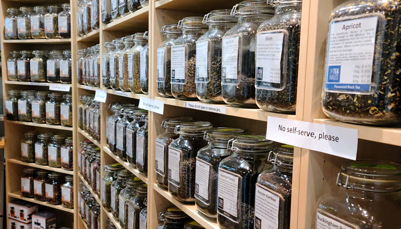 Many jars of tea displayed on the shelves of The Tea Haus located in London, Ontario