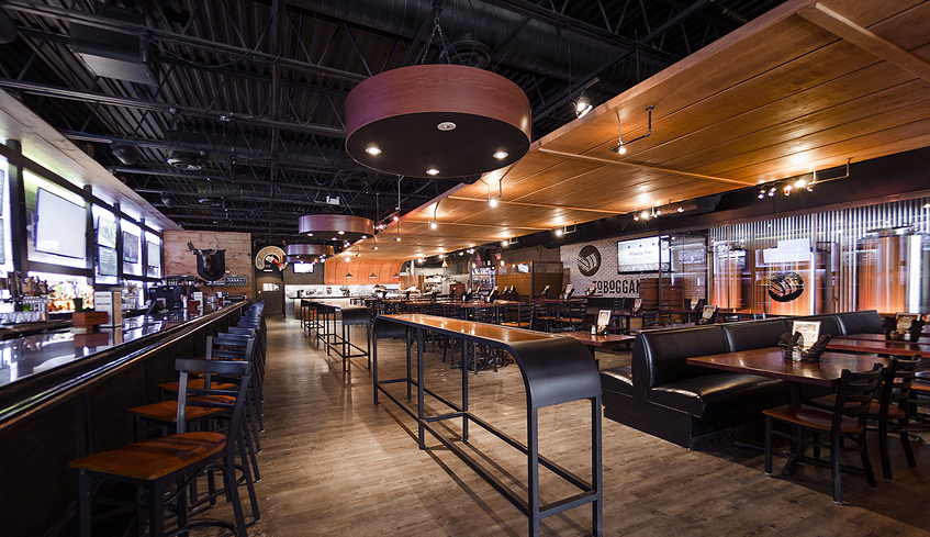 Interior of Toboggan Brewing Company's dining and bar area located in London, Ontario.