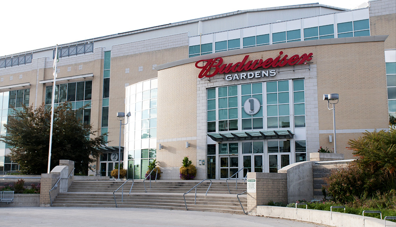 An exterior view of the main entrance of Budweiser Gardens located in London, Ontario