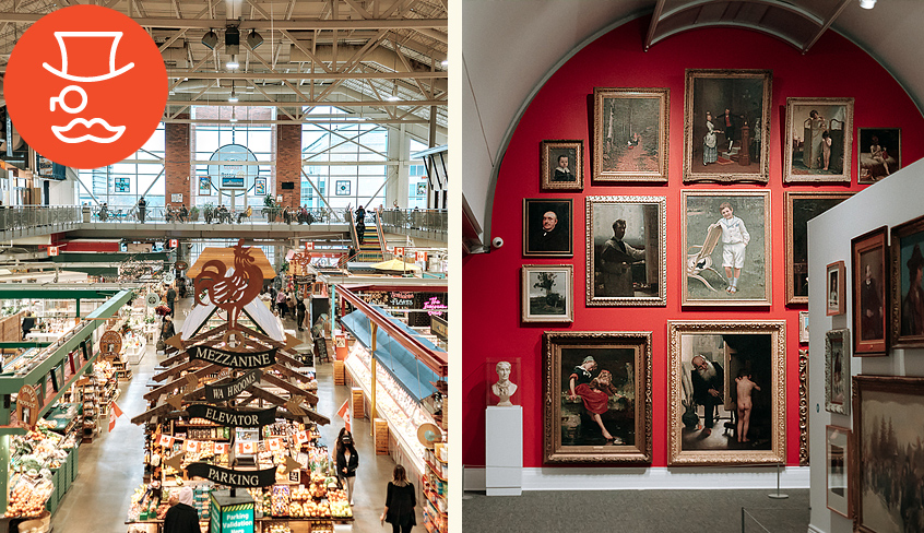 An above view inside Covent Garden Market showcasing various vendors and people Walking along with an interior view of various paintings found in Museum London, both located in London, Ontario, Canada.
