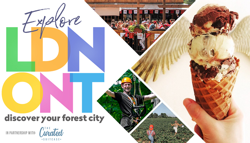 Explore LDN ONT - Discover Your Forest City image montage of a person holding an ice cream cone from Haven’s creamery, people sitting at Barney’s patio, a man waving from The Treetop Adventure Park at Boler Mountain and two children running in a strawberry field at Heeman’s