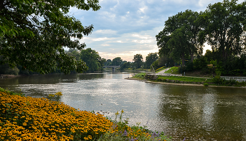 A scenic view of the Forks of the Thames river in the summer located in London, Ontario, Canada