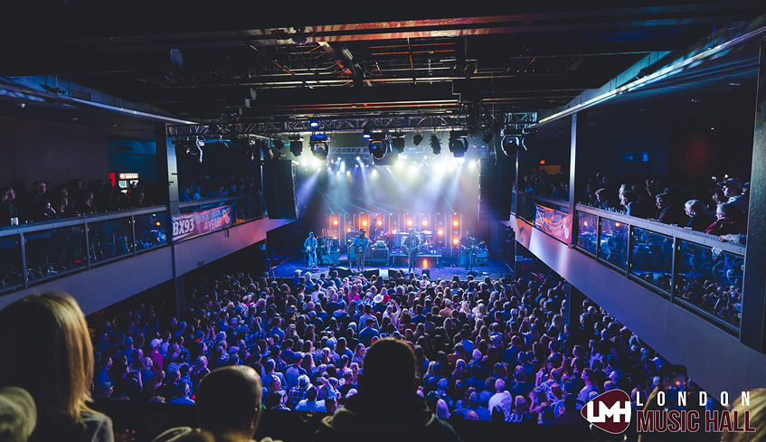 Top floor view of a concert being held in the London Music Hall in London, Ontario, showcasing a band on stage and several people attending the live show