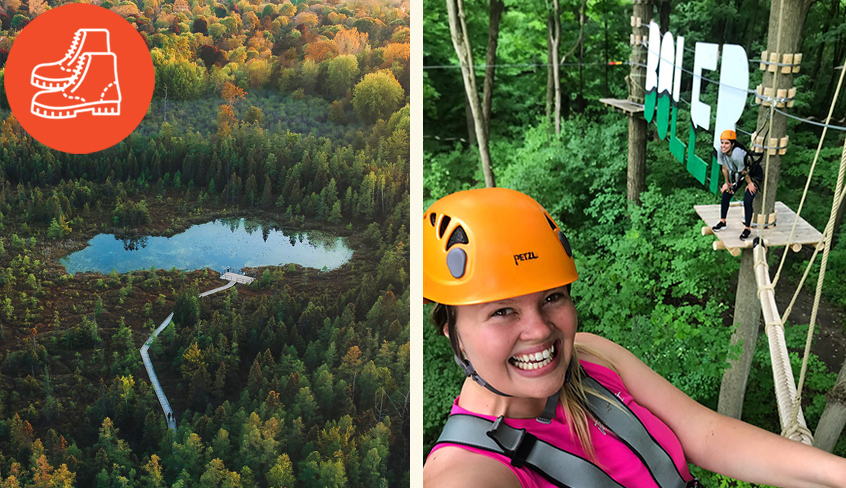 Aerial view of Sifton Bog and a 2 smiling females at Boler Mountain's Treetop Adventure course, both located in London, Ontario, Canada