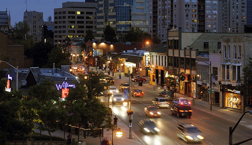 aerial street view of Richmond Row in Downtown London, Ontario