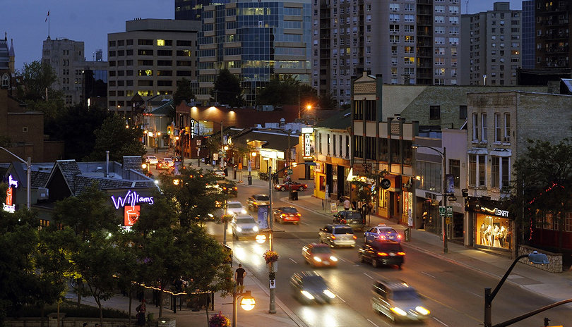 A busy Richmond Row in downtown London, Ontario at night
