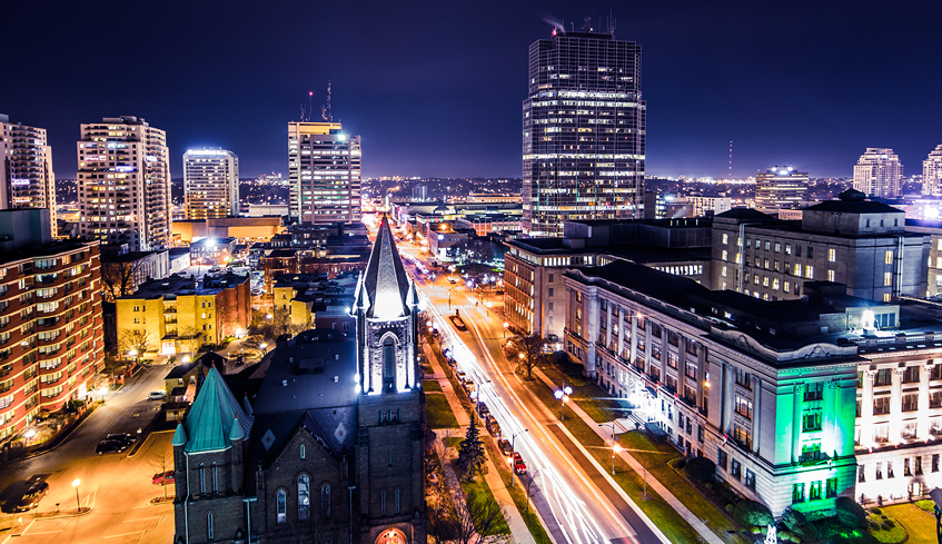  Aerial view of Wellington Road in Downtown London, Ontario at night