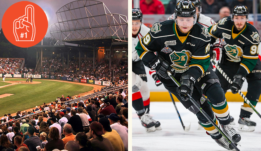 A fully attended baseball game of the London Majors at Labatt Memorial Park and hockey players skating on ice from the London Knights team at Budwesier Gardens - both locations are located in London, Ontario, Canada. 