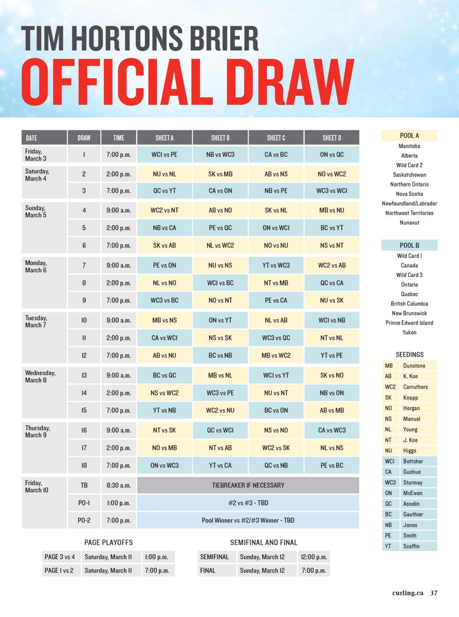 Infographic containing the official draw schedule for the 2023 Tim Hortons Brier 