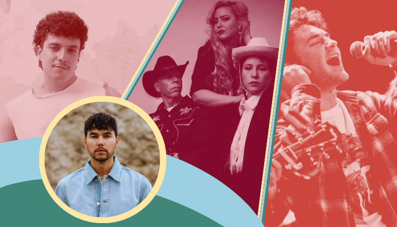 A collage with singers arranged in bold colorful shapes.