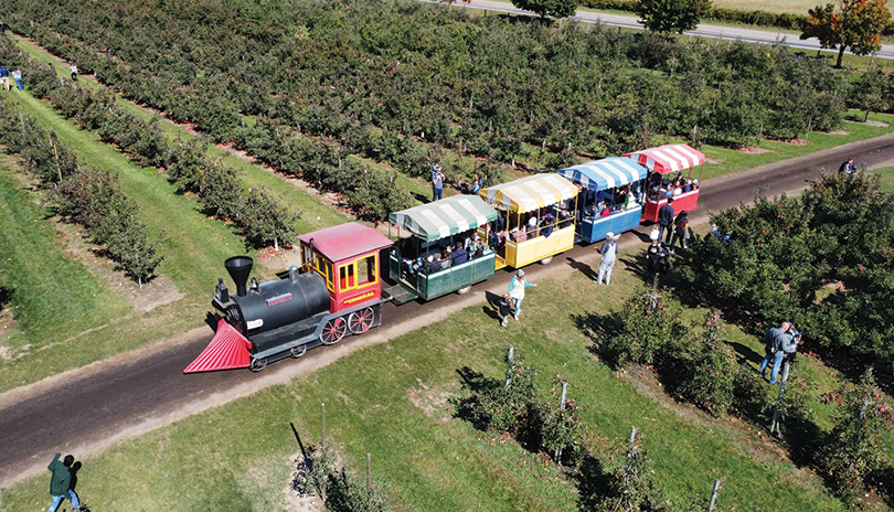 The train moves through the field at Appleland Station