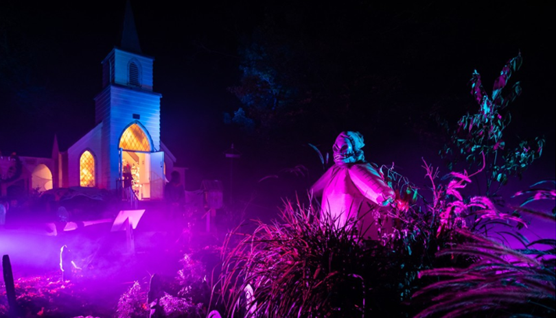 Spooky scarecrow and haunted mansion inside Storybook Gardens for their StoryBOO event in London, Ontario