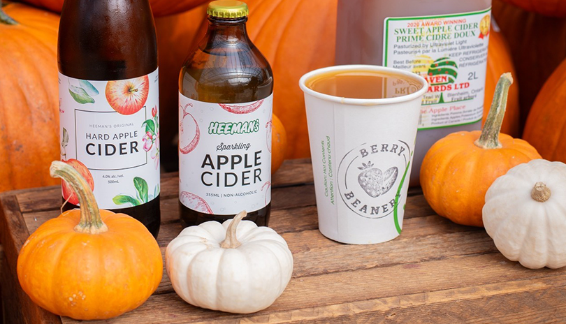 a fresh cup of Heeman's hard apple cider beside pumpkins and gords at Heeman'ss