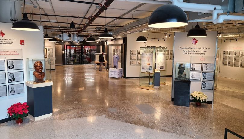 Various informative displays showcasing medical history from Canada on display at the Canadian Medical Hall of Fame located in London, Ontario